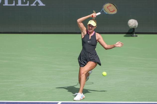 INDIAN WELLS, CA - MARCH 12: Anastasia Potapova hits a forehand during the BNP Paribas Open on March 12, 2024 at Indian Wells Tennis Garden in Indian Wells, CA. (Photo by George Walker Icon Sportswire) TENNIS: MAR 12 BNP Paribas Open EDITORIAL USE ONLY Icon240312022