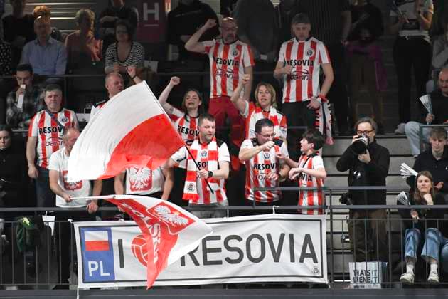 GER CEV Cup SVG Lueneburg vs Asseco Resovia Rzeszow 12 03 2024, LKH Arena, Lueneburg, GER CEV Cup, SVG Lueneburg GER vs Asseco Resovia Rzeszow POL , in the picture the Polish fans cheering nordphotoxGmbH xWitke nph00002