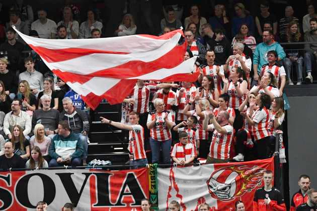 GER CEV Cup SVG Lueneburg vs Asseco Resovia Rzeszow 12 03 2024, LKH Arena, Lueneburg, GER CEV Cup, SVG Lueneburg GER vs Asseco Resovia Rzeszow POL , in the picture the Polish fans cheering nordphotoxGmbH xWitke nph00002