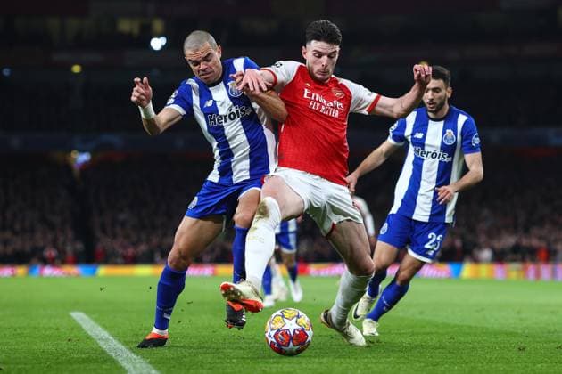 Arsenal gegen Porto 12. März 2024, London UEFA Champions™s League, Achtelfinale, Rückspiel Arsenal gegen Porto Pepe von Porto und Declan Rice von Arsenal Foto Charlotte Wilson Abseits London UK  Copyright: xCharlottexWilsonx xOffsidexOffside