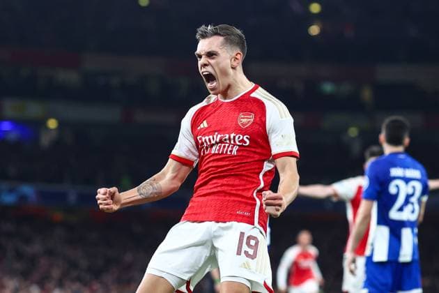 Arsenal gegen Porto 12. März 2024, London UEFA Champions™s League, Achtelfinale, Rückspiel Arsenal gegen Porto Leandro Trossard von Arsenal feiert sein erstes Tor Foto Charlotte Wilson Abseits London UK  Copyright: xCharlottexWilsonx xOffsidexOffside