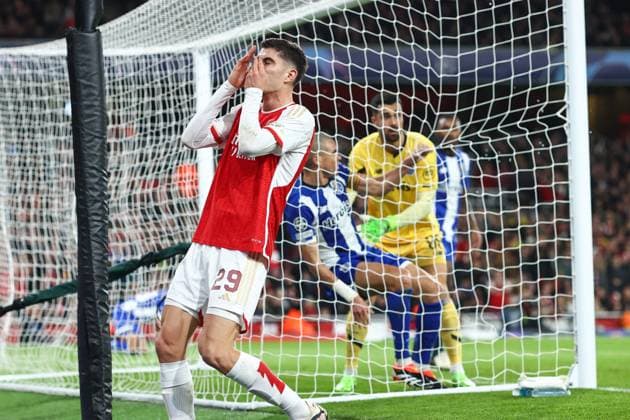 Arsenal gegen Porto 12. März 2024, London UEFA Champions™s League, Achtelfinale, Rückspiel Arsenal gegen Porto Kai Havertz von Arsenal reagiert nach einer vergebenen Chance Foto Charlotte Wilson Abseits London UK  Copyright: xCharlottexWilsonx xOffsidexOffside