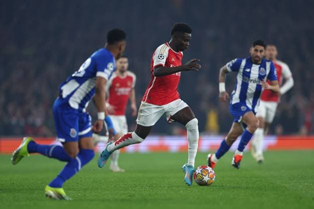 Bukayo Saka of Arsenal Arsenal v Porto, UEFA Champions League, Round of 16, Second Leg, Football, Emirates Stadium, London, UK - 12 Mar 2024 EDITORIAL USE ONLY No use with unauthorised audio, video, data, fixture lists, club league logos or live services. Online in-match use limited to 120 images, no video emulation. No use in betting, games or single club league player publications. Copyright: xSimonxDael Shutterstockx 14384999ab