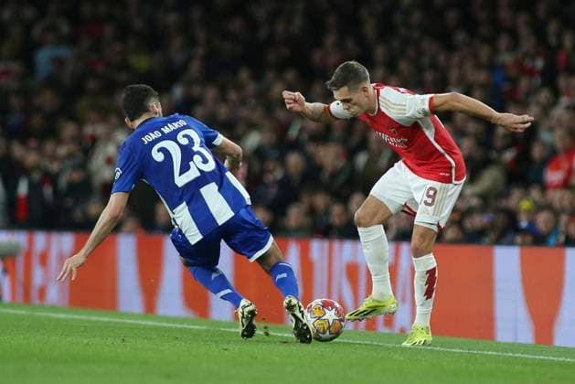 London, March 12th 2024: Joao Mario of Porto tackles Lisandro Trossard of Arsenal during the UEFA Champions League round of 16 second leg match between Arsenal and FC Porto at The Emirates Stadium, London, England. (Pedro Soares SPP) Copyright: xPedroxSoaresx xSPPx spp-en-PeSoSp-pedrosoares120324-058