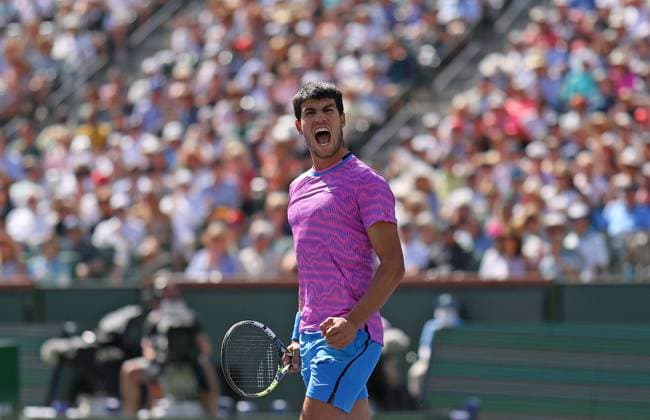 Carlos Alcaraz of Spain celebrates BNP Paribas Open, Tennis, Day 7, Indian Wells Tennis Garden, California, USA - 12 Mar 2024  Copyright: xEllaxLing Shutterstockx 14386170m