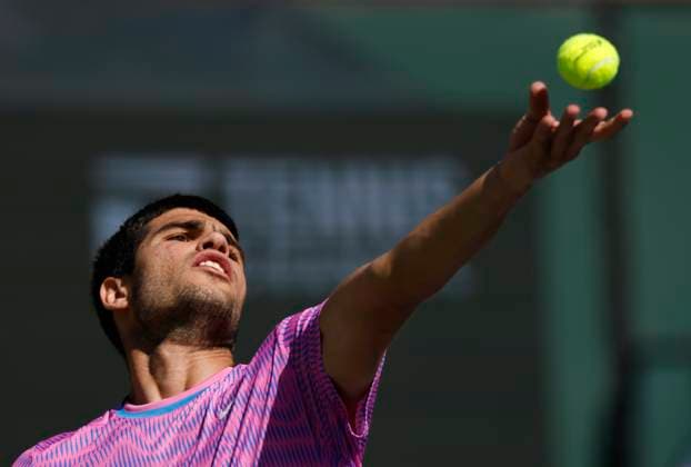 March 12, 2024 Carlos Alcaraz of Spain returns a serves against Fabian Marozsan of Hungary during the BNP Paribas Open in Indian Wells, CA. CSM Indian Wells United States of America - ZUMAc04_ 20240312_zma_c04_092 Copyright: xCharlesxBausx