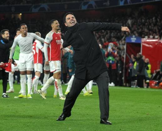 Football - 2023 2024 UEFA Champions League - Round of Sixteen - Second Leg - Arsenal vs Porto - Emirates Stadium - Tuesday 12th March 2024 Arsenal Manager, Mikel Arteta celebrates after winning the Penalty Shoot out 