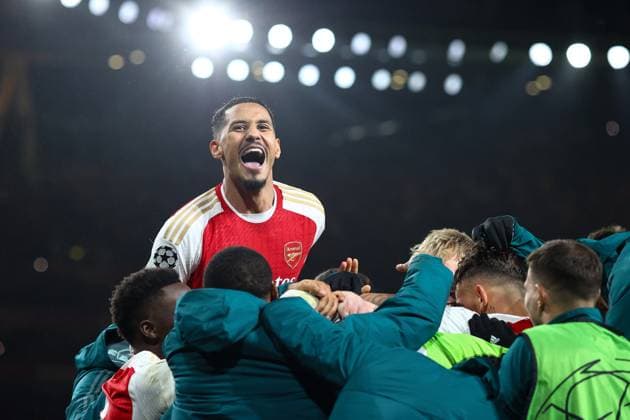 Arsenal gegen Porto 12. März 2024, London UEFA Champions™s League, Achtelfinale, Rückspiel Arsenal gegen Porto William Saliba von Arsenal feiert den Sieg Foto Charlotte Wilson Abseits London UK  Copyright: xCharlottexWilsonx xOffsidexOffside