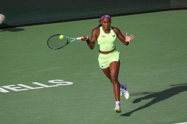 INDIAN WELLS, CA - MARCH 12: Coco Gauff (USA) hits a forehand during the BNP Paribas Open on March 12, 2024 at Indian Wells Tennis Garden in Indian Wells, CA. (Photo by George Walker Icon Sportswire) TENNIS: MAR 12 BNP Paribas Open EDITORIAL USE ONLY Icon240312082
