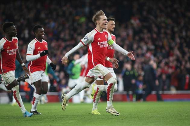 London, March 12th 2024: Captain Martin Odergaard of Arsenal runs in celebration after winning the penalty shootout during the UEFA Champions League round of 16 second leg match between Arsenal and FC Porto at The Emirates Stadium, London, England. (Pedro Soares SPP) Copyright: xPedroxSoaresx xSPPx spp-en-PeSoSp-pedrosoares120324-100