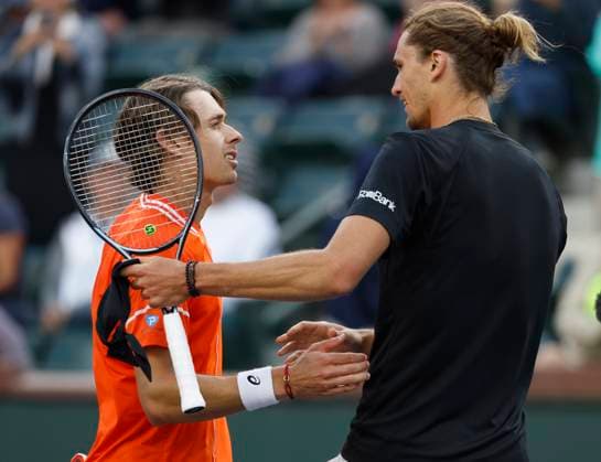 March 12, 2024 Alexander Zverev of Germany shakes hands with Alex De Minaur of Australia after their match during the BNP Paribas Open in Indian Wells, CA. CSM Indian Wells United States of America - ZUMAc04_ 20240312_zma_c04_288 Copyright: xCharlesxBausx