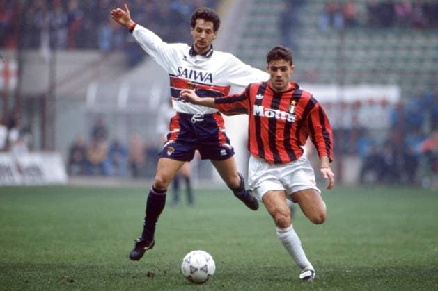 MARIO BORTOLAZZI, Genoa, MARCO SIMONE, Milan, Serie A, 1992-93, Milan vs Genoa 1-0, 24-01-1993, Contrasto, Action SERIE A 1992-93 MILAN-GENOA 1-0