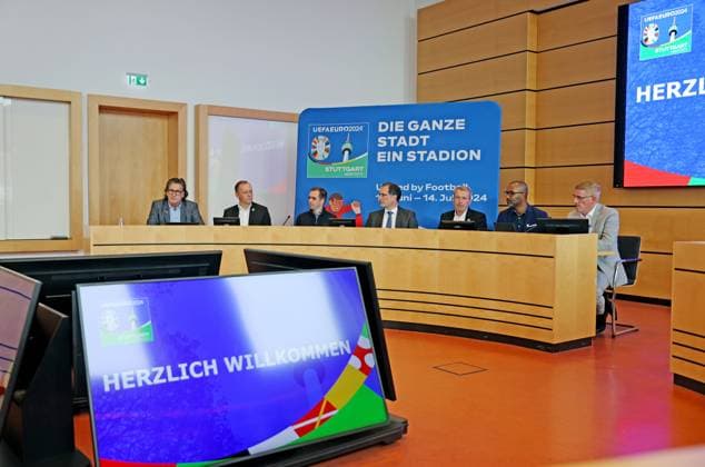 13 03 24 PK UEFA Euro 2024 Stuttgart Germany, Stuttgart, 13 03 2024, Football, Press conference UEFA Euro 2024 f l Jörg Klopfer in Stuttgart , Markus Stenger Managing Director Euro 2024 , Philipp Lahm Tournament Director , Dr Clemens Maier Mayor Security, Order and Sport City of Stuttgart , Andreas Kroll in Stuttgart , Cacau Host City Stuttgart Ambassador , Thomas Pollack Managing Director UEFA Euro in Stuttgart