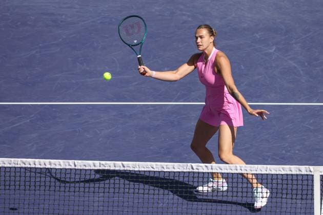 INDIAN WELLS, CA - MARCH 13: Aryna Sabalenka hits a volley during the BNP Paribas Open on March 13, 2024 at Indian Wells Tennis Garden in Indian Wells, CA. (Photo by George Walker Icon Sportswire) TENNIS: MAR 13 BNP Paribas Open EDITORIAL USE ONLY Icon240313003