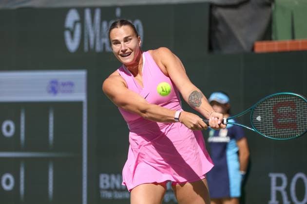 INDIAN WELLS, CA - MARCH 13: Aryna Sabalenka hits a backhand during the BNP Paribas Open on March 13, 2024 at Indian Wells Tennis Garden in Indian Wells, CA. (Photo by George Walker Icon Sportswire) TENNIS: MAR 13 BNP Paribas Open EDITORIAL USE ONLY Icon240313009