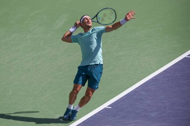 INDIAN WELLS, CA - MARCH 13: Casper Ruud (NOR) serves during the BNP Paribas Open on March 13, 2024 at Indian Wells Tennis Garden in Indian Wells, CA. (Photo by George Walker Icon Sportswire) TENNIS: MAR 13 BNP Paribas Open EDITORIAL USE ONLY Icon240313045