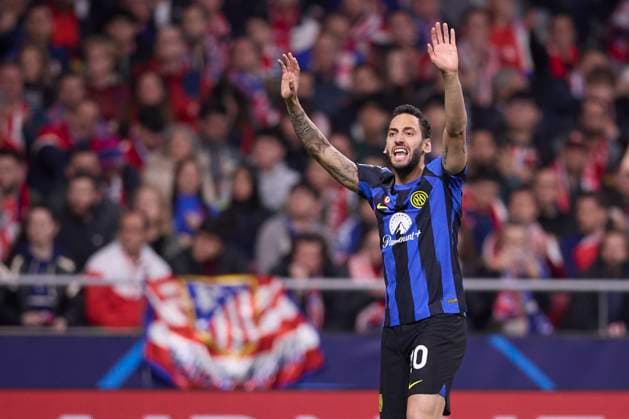 Hakan Calhanoglu (FC Internazionale) gestures, UEFA Champions League 2023 24 - Round of 16 Second Leg, Atletico de Madrid vs Inter Milan, Civitas Metropolitano, March 13, 2024, Madrid, ESP.