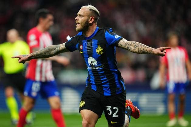 Federico Dimarco of Inter Milan celebrates the 0-1 Atletico de Madrid v Inter Milan. UEFA Champions League match. Round of 16.. Football, Civitas Metropolitano Stadium, Barcelona, Spain - 13 March 2024 Editorial use only  Copyright: xBaguxBlanco PRESSINPHOTO Shutterstockx 14388164s