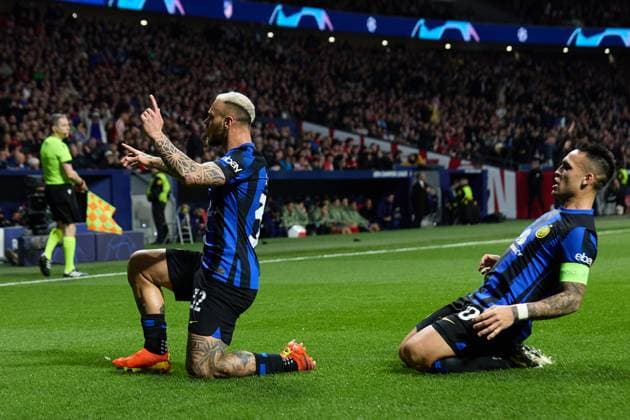 Federico Dimarco of FC Internazionale celebrates his goal during the UEFA Champions League 2023 24 round of 16 second leg match between Atletico de Madrid and FC Internazionale at Civitas Metropolitano on March 13, 2024 in Madrid, Spain. (Photo by: LGM) FOOTBALL : Atletico de Madrid vs FC Internazionale - UEFA Ligue des Champions - 13 03 2024 LGM Panoramic 