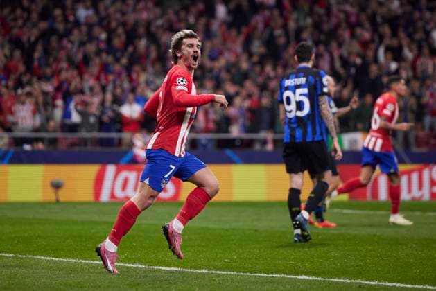 Antoine Griezmann (Atletico de Madrid) celebrates after scoring his team˜s first goal, UEFA Champions League 2023 24 - Round of 16 Second Leg, Atletico de Madrid vs Inter Milan, Civitas Metropolitano, March 13, 2024, Madrid, ESP.