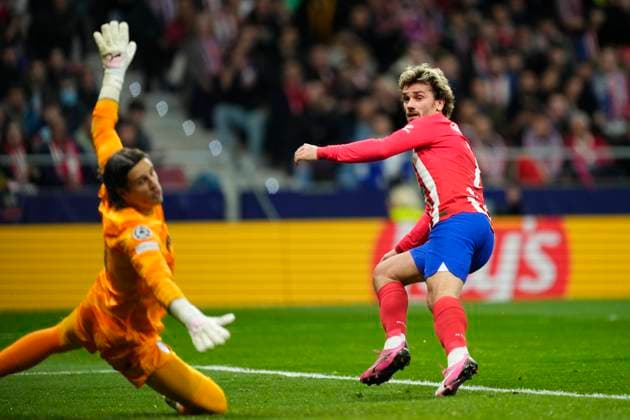 Atletico Madrid v FC Internazionale: Round of 16 Second Leg - UEFA Champions League 2023 24 Antoine Griezmann second strikerof Atletico de Madrid and France shooting to goal during the UEFA Champions League 2023 24 round of 16 second leg match between FC Barcelona, Barca and SSC Napoli at Estadi Olimpic Lluis Companys on March 12, 2024 in Barcelona, Spain. Madrid Spain  Copyright: xJosexBretonx originalFilename:breton-atletico240313_npWnf.jpg
