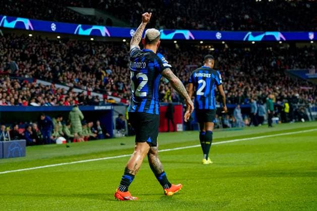 Federico Dimarco of Inter Milan celebrates after scoring the 0-1Federico Dimarco of Inter Milan celebrates the 0-1 Atletico de Madrid v Inter Milan. UEFA Champions League match. Round of 16.. Football, Civitas Metropolitano Stadium, Barcelona, Spain - 13 March 2024 Editorial use only  Copyright: xBaguxBlanco PRESSINPHOTO Shutterstockx 14388164ae