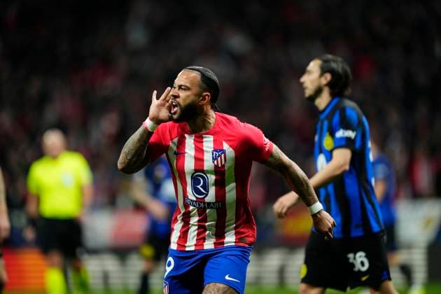 Atletico Madrid v FC Internazionale: Round of 16 Second Leg - UEFA Champions League 2023 24 Memphis Depay centre-forward of Atletico de Madrid and Netherlands celebrates after scoring his sides first goal during the UEFA Champions League 2023 24 round of 16 second leg match between FC Barcelona, Barca and SSC Napoli at Estadi Olimpic Lluis Companys on March 12, 2024 in Barcelona, Spain. Madrid Spain  Copyright: xJosexBretonx originalFilename:breton-atletico240313_npNxX.jpg