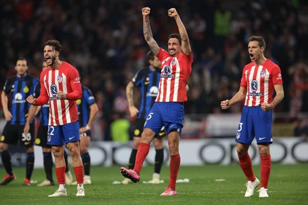 Madrid, Spain, 13th March 2024. Mario Hermoso, Stefan Savic and Cesar Azpilicueta of Atletico Madrid celebrate during the penalty shoot out of the UEFA Champions League match at Estadio Metropolitano,, Madrid. Picture credit should read: Jonathan Moscrop Sportimage EDITORIAL USE ONLY. No use with unauthorised audio, video, data, fixture lists, club league logos or live services. Online in-match use limited to 120 images, no video emulation. No use in betting, games or single club league player publications. SPI-2991-0082