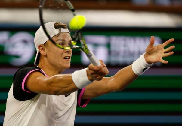 March 13, 2024 Holger Rune of Denmark returns a shot against Taylor Fritz during the BNP Paribas Open in Indian Wells, CA. CSM Indian Wells United States of America - ZUMAc04_ 20240313_zma_c04_206 Copyright: xCharlesxBausx