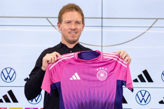 DFB press conference on the squad nomination for the international matches against France and the Netherlands National coach Julian Nagelsmann presents the new away jersey DFB press conference with national coach Julian Nagelsmann at the DFB Campus in Frankfurt am Main on March 14, 2024 , Frankfurt am Main Hessen Germany DFB Campus