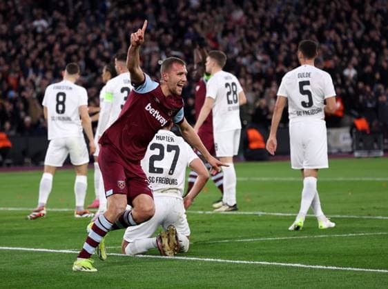 London, England, 14th March 2024. West Ham United s Tomas Soucek celebrates his sides opening goal during the UEFA Europa League Round of 16 match at the London Stadium, London. Picture credit should read: David Klein Sportimage EDITORIAL USE ONLY. No use with unauthorised audio, video, data, fixture lists, club league logos or live services. Online in-match use limited to 120 images, no video emulation. No use in betting, games or single club league player publications. SPI-3008-0001
