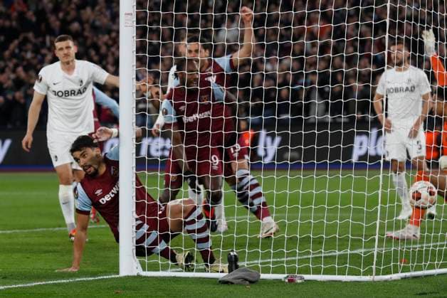 West Ham United v SC Freiburg UEFA Europa League Lucas Paqueta of West Ham United scores his sides 1st goal during the UEFA Europa League Round of 16 Second Leg match at the London Stadium, Stratford Copyright: xPaulxChestertonx FIL-19832-0001 UK Newspapers OUT