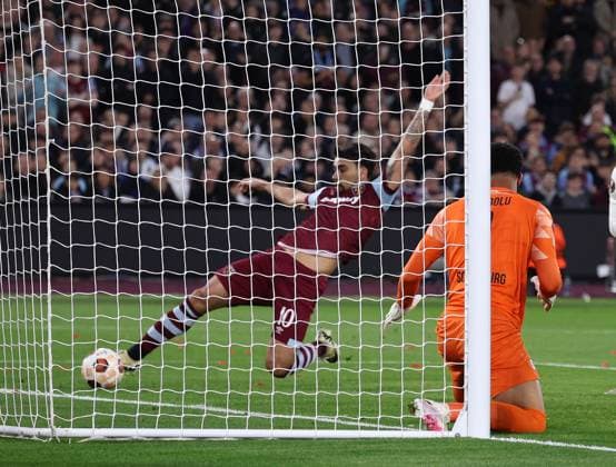 London, England, 14th March 2024. West Ham United s Lucas Paqueta scoring his sides opening goal during the UEFA Europa League Round of 16 match at the London Stadium, London. Picture credit should read: David Klein Sportimage EDITORIAL USE ONLY. No use with unauthorised audio, video, data, fixture lists, club league logos or live services. Online in-match use limited to 120 images, no video emulation. No use in betting, games or single club league player publications. SPI-3008-0005
