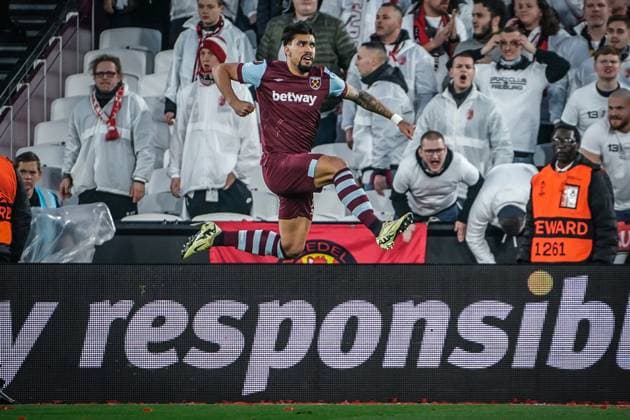 Soccer UEFA Europa League 2023 2024, round of 16, West Ham United SC Freiburg, London Olympic Stadium 1 0 by West Hams Lucas Paqueta goal celebration, jump, joy, goal London Olympic Stadium England Copyright: xJoeranxSteinsiekx