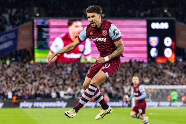 Football - 2023 2024 Premier League - West Ham United vs Burnley - London Stadium - Sunday 10th March 2024 Lucas Paqueta (West Ham United) celebrates after scoring his sides goal at The London Stadium COLORSPORT DANIEL BEARHAM  csp_whu_bur_db_10032024