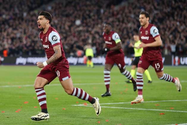 West Ham United v SC Freiburg UEFA Europa League Lucas Paqueta of West Ham United celebrates scoring his side?s 1st goal during the UEFA Europa League Round of 16 Second Leg match at the London Stadium, Stratford Copyright: xPaulxChestertonx FIL-19832-0007 UK Newspapers OUT