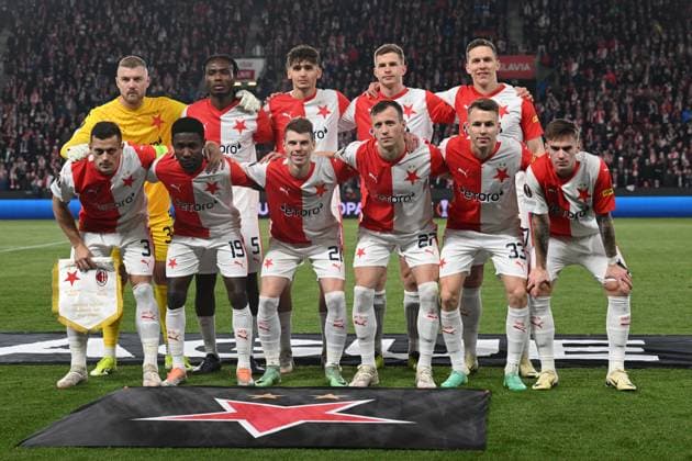 Slavia Praha soccer team before the Slavia Praha vs AC Milan football return match of the Europa League semi-final on March 14, 2024, Prague, Czech Republic. (CTKxPhoto MichalxKamaryt) CTKPhotoP2024031407144  CTKPhotoP2024031407144