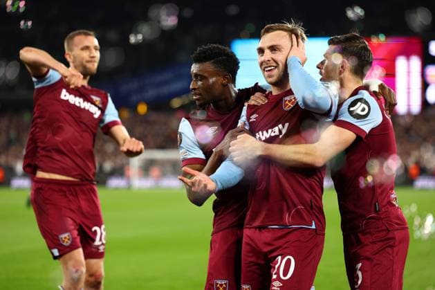 Jarrod Bowen of West Ham United celebrates after scoring a goal (2-0) West Ham United v Freiburg, UEFA Europa League, Round of 16, Second Leg, Football, London Stadium, London, UK - 14 Mar 2024 EDITORIAL USE ONLY No use with unauthorised audio, video, data, fixture lists, club league logos or live services. Online in-match use limited to 120 images, no video emulation. No use in betting, games or single club league player publications. Copyright: xSimonxDael Shutterstockx 14385551o