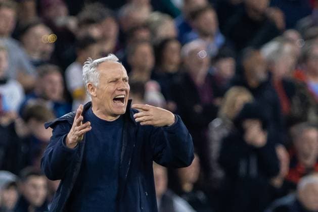 Football - 2023 2024 Premier League - West Ham United vs Burnley - London Stadium - Sunday 10th March 2024 Christian Streich, manager of SC Freiburg, gestures to his team from the touchline at The London Stadium COLORSPORT DANIEL BEARHAM  csp_whu_bur_db_10032024