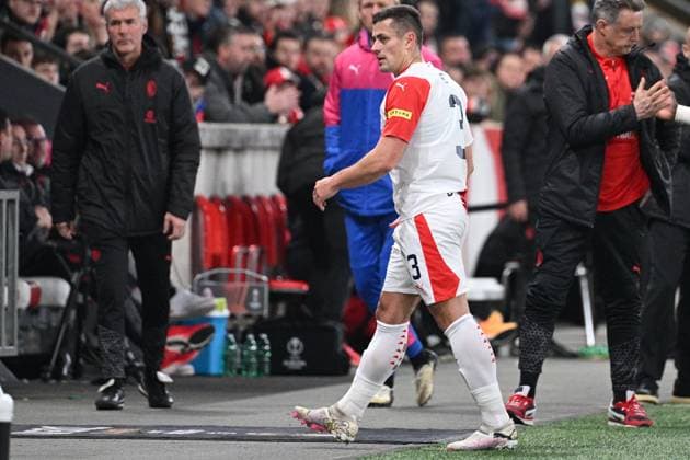 Tomas Holes of Slavia after being sent off during the Slavia Praha vs AC Milan football return match of the Europa League semi-final on March 14, 2024, Prague, Czech Republic. (CTKxPhoto MichalxKamaryt) CTKPhotoP2024031407385  CTKPhotoP2024031407385