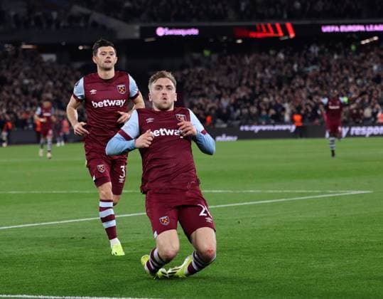London, England, 14th March 2024. West Ham United s Jarrod Bowen celebrates scoring his sides second goal during the UEFA Europa League Round of 16 match at the London Stadium, London. Picture credit should read: David Klein Sportimage EDITORIAL USE ONLY. No use with unauthorised audio, video, data, fixture lists, club league logos or live services. Online in-match use limited to 120 images, no video emulation. No use in betting, games or single club league player publications. SPI-3008-0017