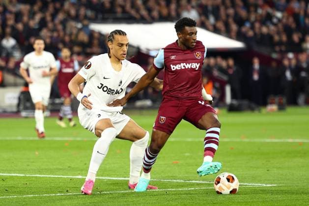 Mohammed Kudus of West Ham United under pressure from Kiliann Sildillia of SC Freiburg West Ham United v Freiburg, UEFA Europa League, Round of 16, Second Leg, Football, London Stadium, London, UK - 14 Mar 2024 EDITORIAL USE ONLY No use with unauthorised audio, video, data, fixture lists, club league logos or live services. Online in-match use limited to 120 images, no video emulation. No use in betting, games or single club league player publications. Copyright: xSimonxDael Shutterstockx 14385551u
