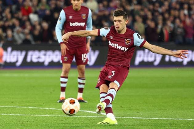Aaron Cresswell of West Ham United scoring a goal (3-0) West Ham United v Freiburg, UEFA Europa League, Round of 16, Second Leg, Football, London Stadium, London, UK - 14 Mar 2024 EDITORIAL USE ONLY No use with unauthorised audio, video, data, fixture lists, club league logos or live services. Online in-match use limited to 120 images, no video emulation. No use in betting, games or single club league player publications. Copyright: xSimonxDael Shutterstockx 14385551aa