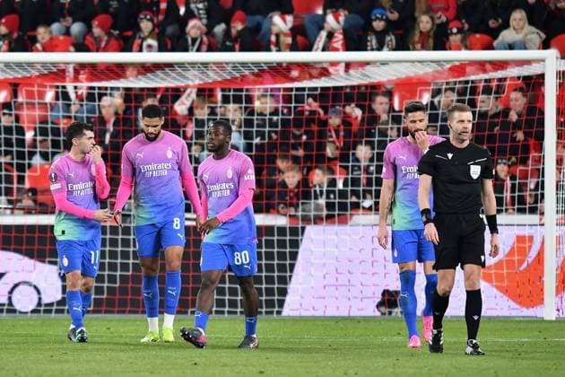 March 14, 2024, Prague, Czech Republic: Milan s RUBEN LOFTUS-CHEEK (8) celebrate after scoring with teamplayers CHRISTIAN PULISIC (11) and YUNUS MUSAH (80) at Eden Stadion during Round of 16, 2st leg, of the UEFA Europa League, at March 14, 2024, in Prague in the Czech Republic. Prague Czech Republic - ZUMAr156 20240314_aap_r156_002 Copyright: xSlavekxRutax