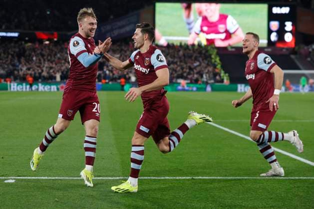 West Ham United v SC Freiburg UEFA Europa League Aaron Cresswell of West Ham United celebrates scoring his sides 3rd goal during the UEFA Europa League Round of 16 Second Leg match at the London Stadium, Stratford Copyright: xPaulxChestertonx FIL-19832-0047 UK Newspapers OUT