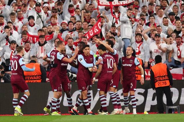 14th March 2024; London Stadium, London, England; Europa League Football, Round of 16, Second Leg, West Ham United versus SC Freiburg; Lucas Paqueta of West Ham United celebrates after he scores for 1-0 in the 9th minute  ActionPlus12617884 ShaunxBrooks