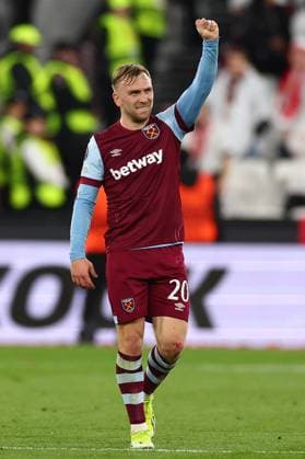 14th March 2024; London Stadium, London, England; Europa League Football, Round of 16, Second Leg, West Ham United versus SC Freiburg; Jarrod Bowen of West Ham United celebrates after he scored for 2-0 in the 32nd minute  ActionPlus12617894 ShaunxBrooks