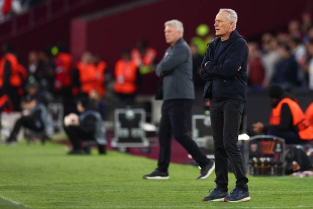 14th March 2024; London Stadium, London, England; Europa League Football, Round of 16, Second Leg, West Ham United versus SC Freiburg; A dejected SC Freiburg Manager Christian Streich  ActionPlus12617905 ShaunxBrooks