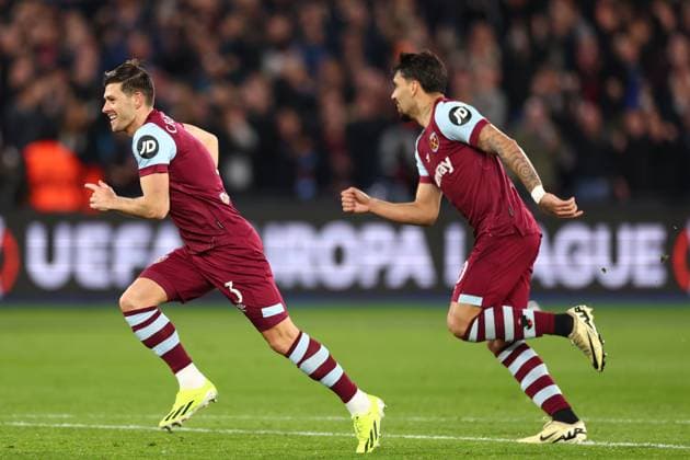14th March 2024; London Stadium, London, England; Europa League Football, Round of 16, Second Leg, West Ham United versus SC Freiburg; Aaron Cresswell of West Ham United shoots and scores for 3-0 in the 52nd minute  ActionPlus12617909 ShaunxBrooks