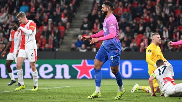 Ruben Loftus-Cheek of AC Milan celebrates a goal during the Slavia Praha vs AC Milan football return match of the Europa League semi-final on March 14, 2024, Prague, Czech Republic. (CTKxPhoto MichalxKamaryt) CTKPhotoP2024031407718  CTKPhotoP2024031407718